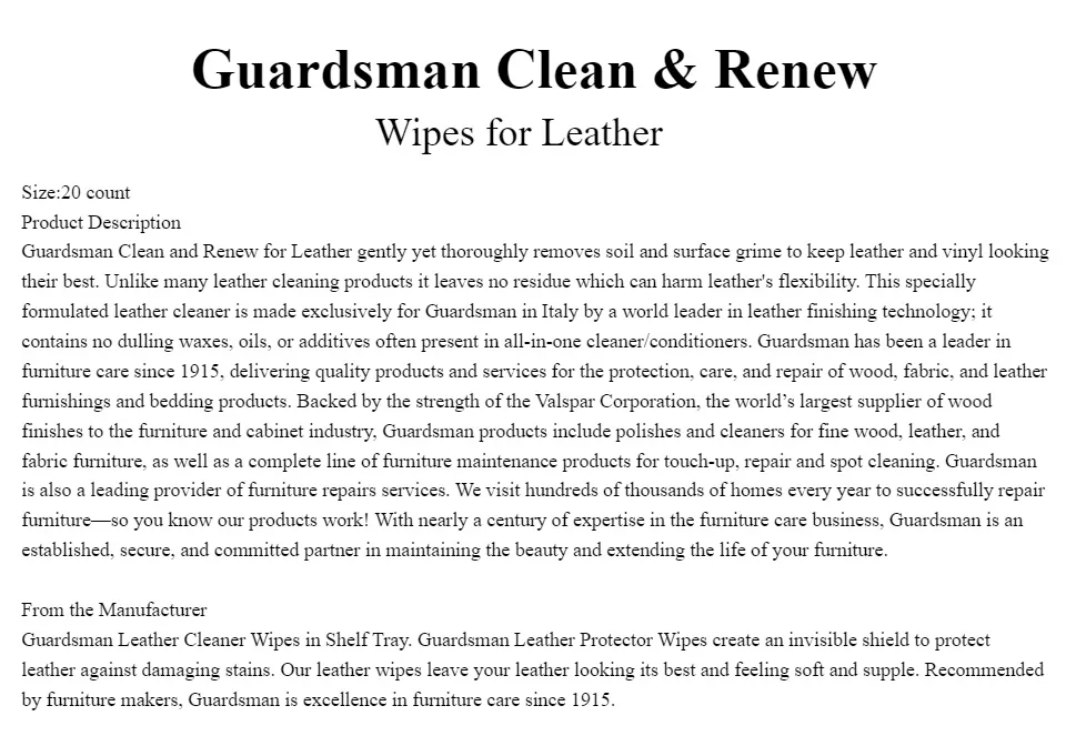 Guardsman Leather Cleaner Wipes - 20 count