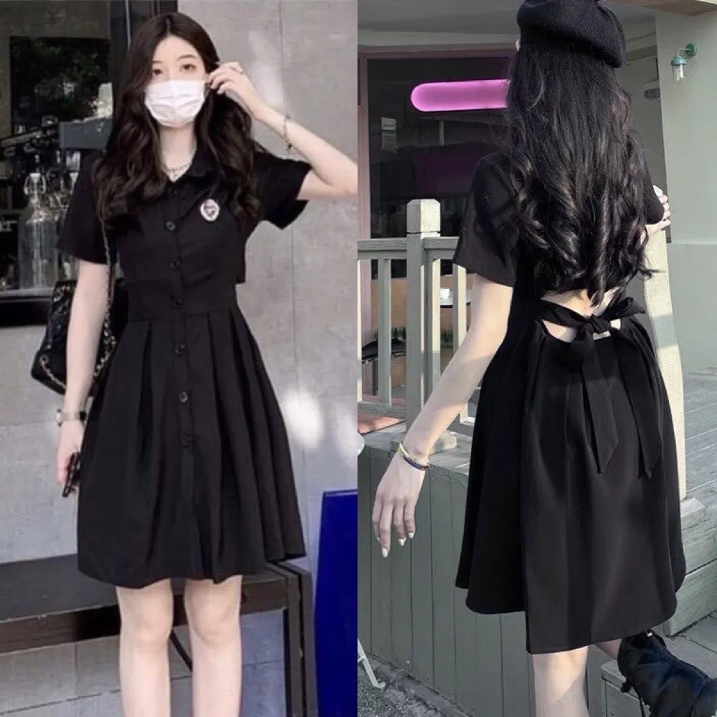 Váy đầm nữ cộc tay cổ bẻ sơ mi logo thắt nơ lưng màu đen freesize dáng a ngắn xòe học sinh ulzzang hàn quốc hot