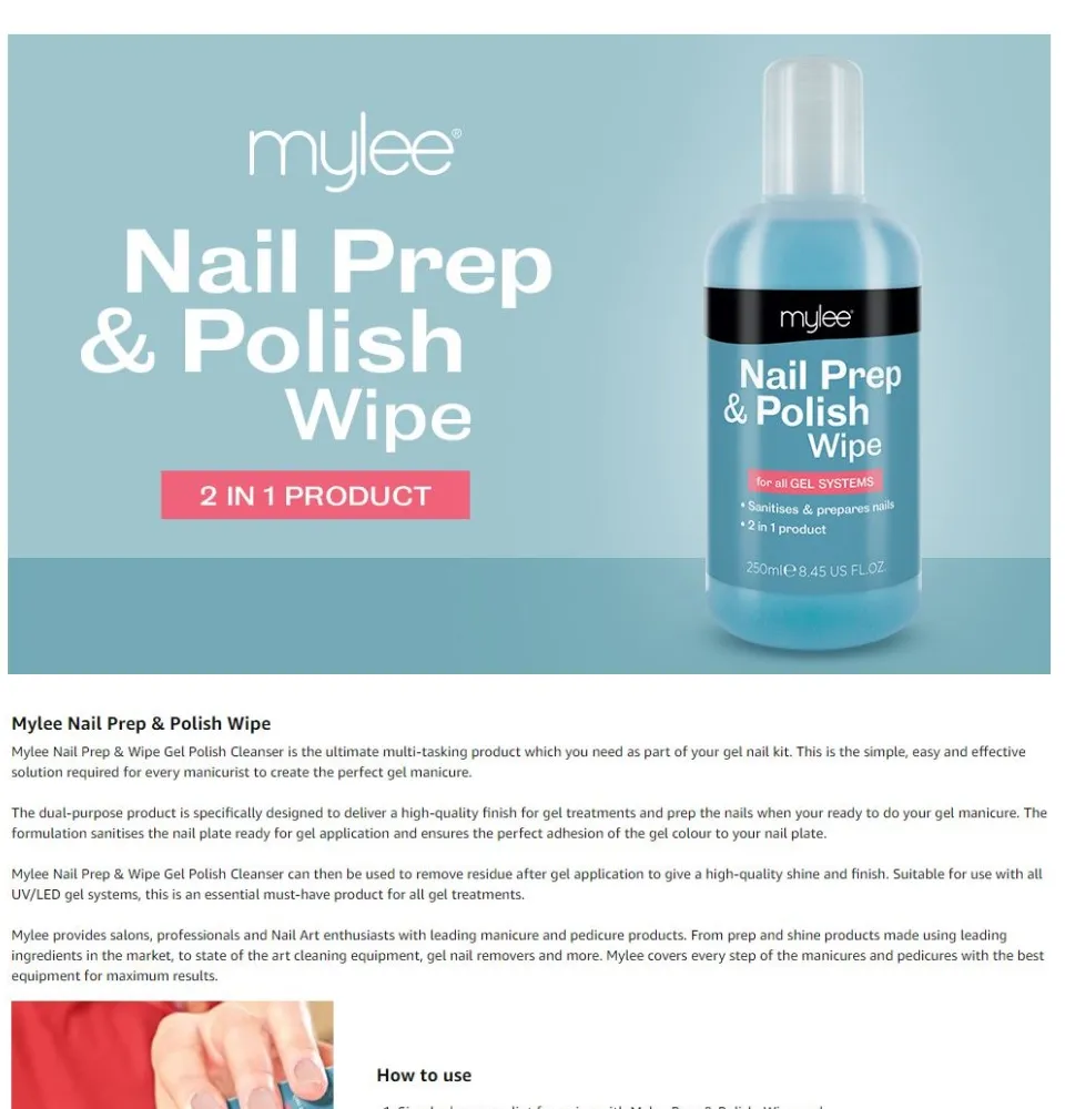 Mylee Prep + Wipe Gel Nail Polish Residue Cleaner Remover 250ml,  Preparation & After Care, UV LED Manicure Gel Polish Base Wipe,  Multi-Purpose for Sanitising Nail Plate & Removing Tacky Layer |