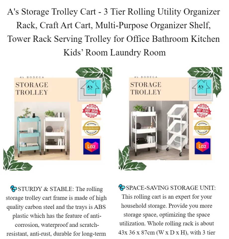 Storage Trolley Cart - 3 Tier Rolling Utility Organizer Rack, Craft Art  Cart, Multi-Purpose Organizer Shelf, Tower Rack Serving Trolley for Office