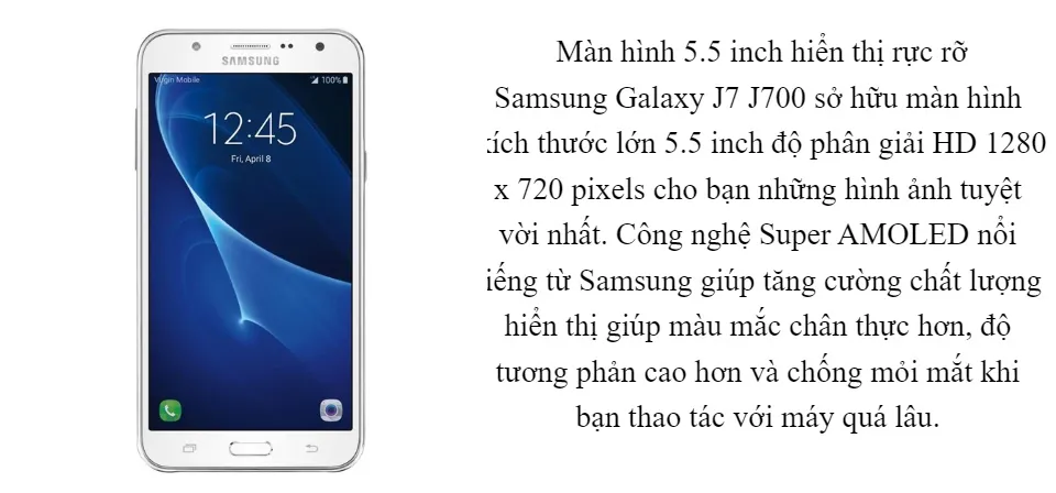 Samsung Galaxy J7 là một trong những chiếc điện thoại đáng chú ý với hiệu năng mạnh mẽ và thiết kế đẹp. Camera chụp ảnh sắc nét, pin trâu và màn hình tuyệt vời giúp Galaxy J7 trở thành lựa chọn tốt cho các nhu cầu giải trí và sử dụng hằng ngày.