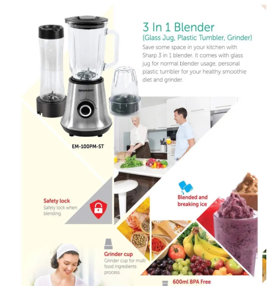SHARP 3-in-1 500W Blender EM-100PM-ST - 1 Litre Glass Jar. Grinder & BPA Free 600ml Tumbler | Lazada Singapore