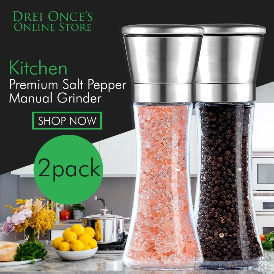 Premium Stainless Steel Salt and Pepper Grinder Set of 2 - Adjustable  Ceramic Sea Salt Grinder & Pepper Grinder - Glass Salt and Pepper Shakers 
