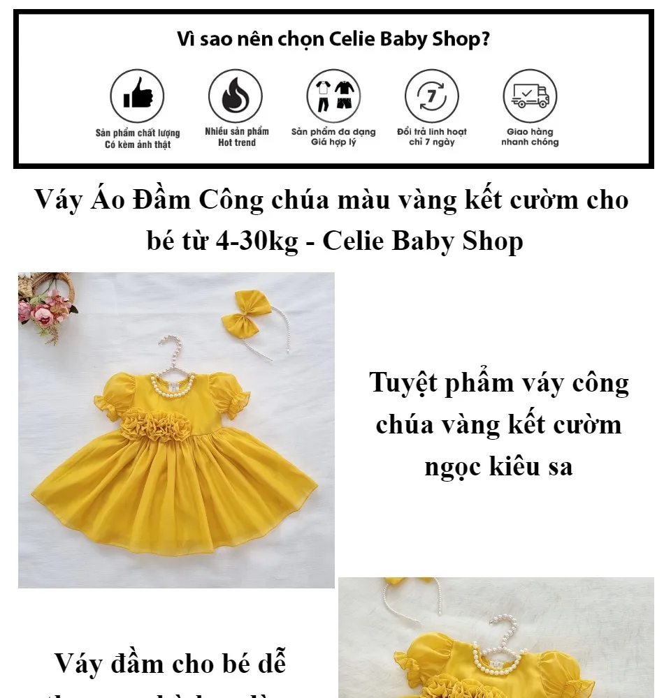 Váy Áo Đầm Công chúa màu vàng kết cườm cho bé từ 4-30kg Thích hợp