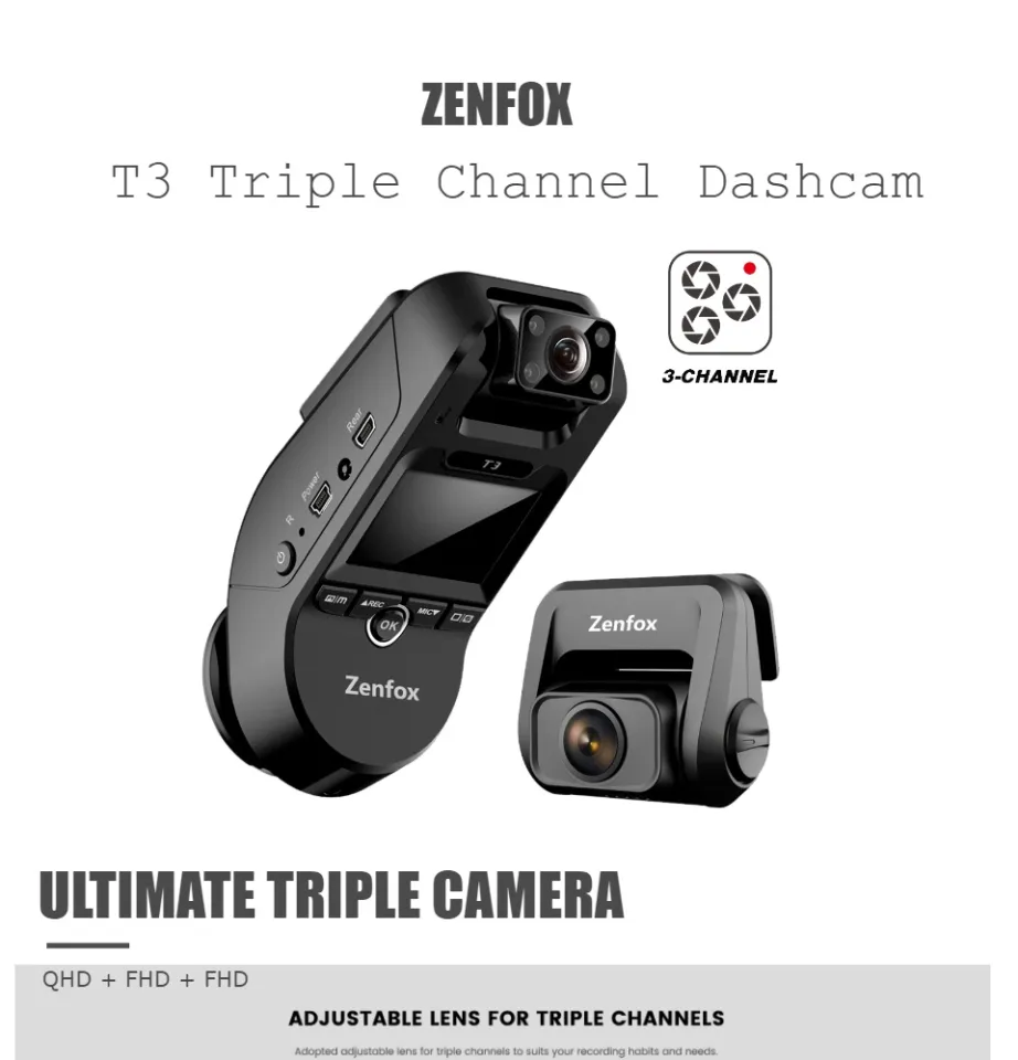 3 Channel Dash Cam, Zenfox 2K 1440P Front+1080P Interior+1080P Rear Triple  Dash Camera, Dual-Band WiFi, IR Night Vision, Built-in GPS, Parking Mode