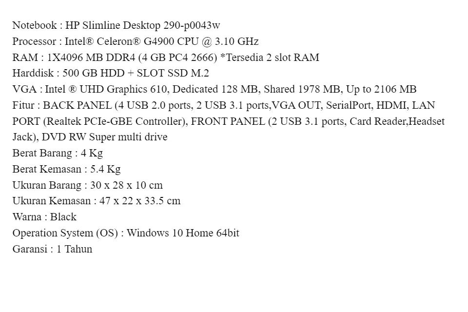 MINI PC HP SLIMLINE DESKTOP 290-P0043W [CELERON G4900 / 8 GB / HDD