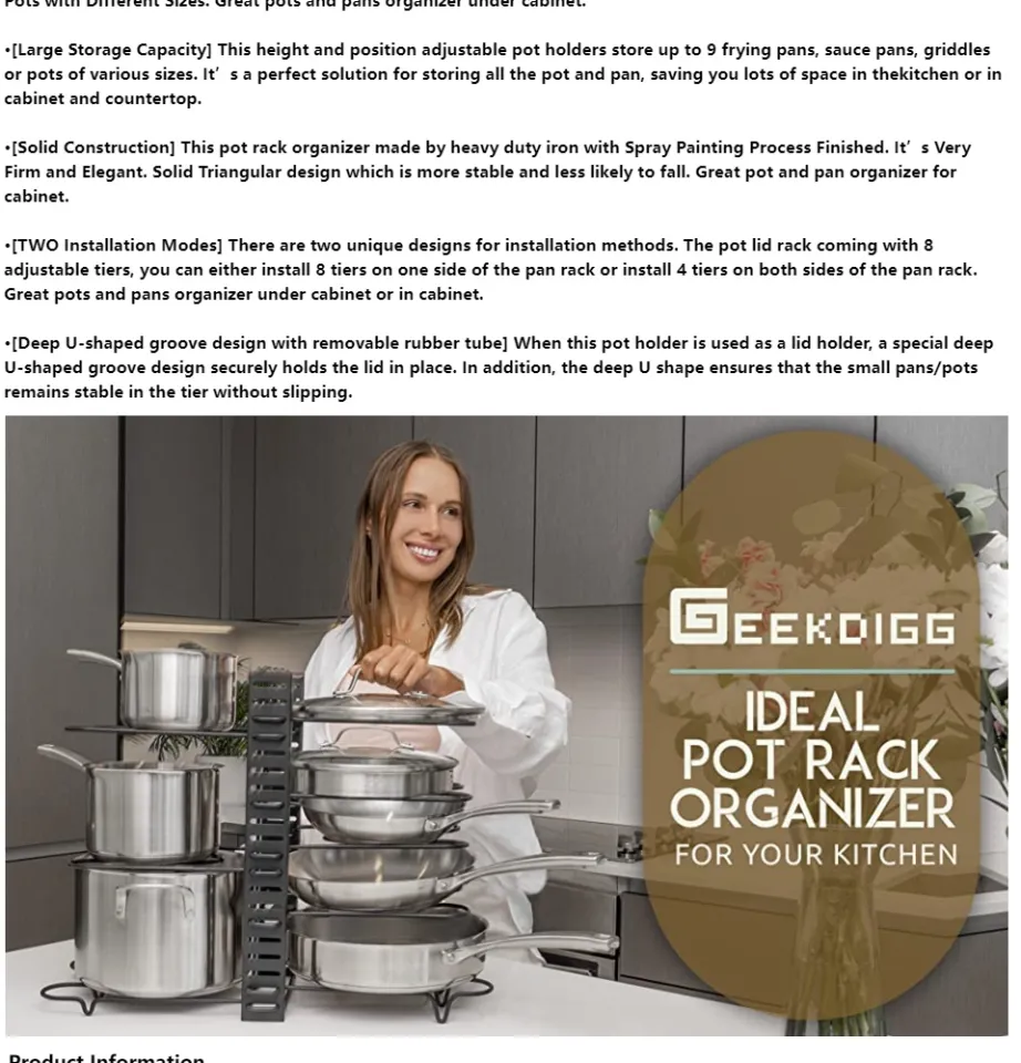 Geekdigg 8+ Pantry & Countertop Pot & Pan Organizer Rack