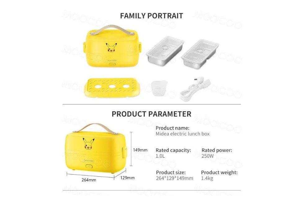 Midea x Pokemon Electric Heating Lunch Box Portable 304 Stainless Steel  Dual Layer Thermal Lunch Box