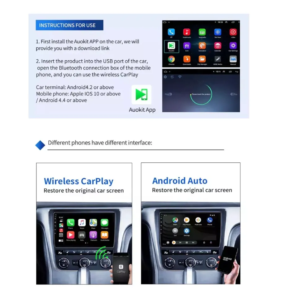  Wired CarPlay dongle for car Screen with Android System 4.4.2  or Above Only Android car Radio, APK Needs to be Installed Before use,  Support Android Auto/Mirroring/Google/SIRI/Upgrade Black… : Electronics