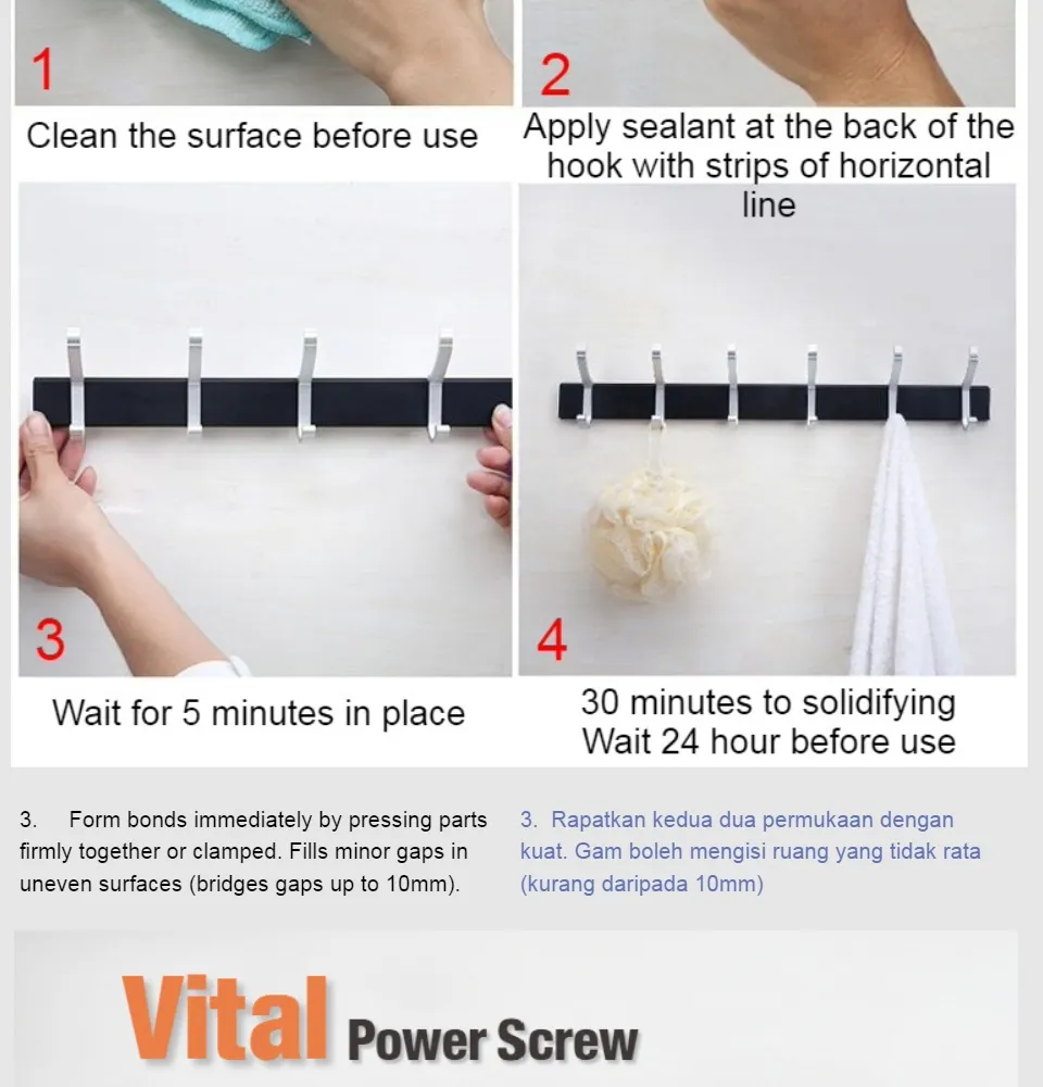 VITAL POWER SCREW – Glue for installing hooks without drilling holes on wall,  attach house numbers on