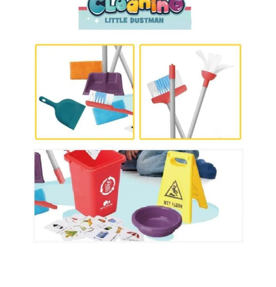 Playkidz Cleaning Role Set, 6pcs, Includes Mop, Brush, Broom, Dustpan, and Organizer Stand, Play Helper Realistic Housekeeping Set, Recommended for