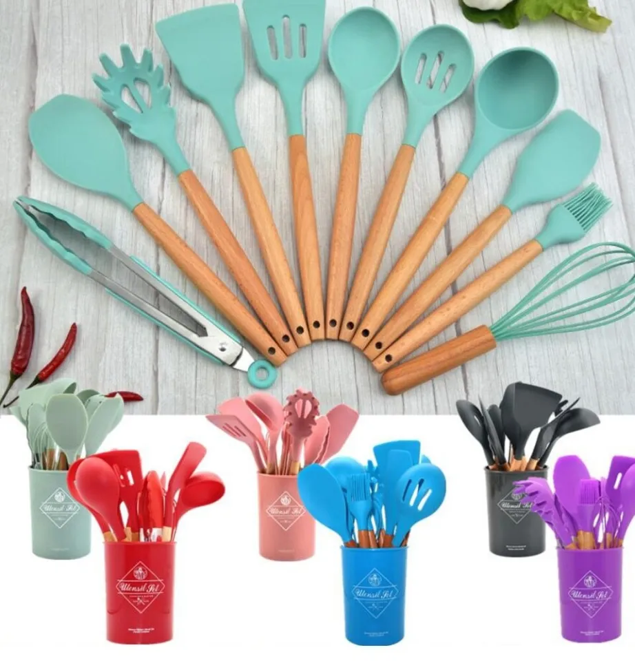 Silicone Cooking Utensils Set Non-Stick Spatula Shovel Wooden Handle  Cooking Tools Set With Storage Box