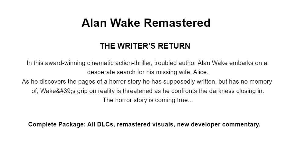 PS4 Alan Wake Remastered (R2) — GAMELINE