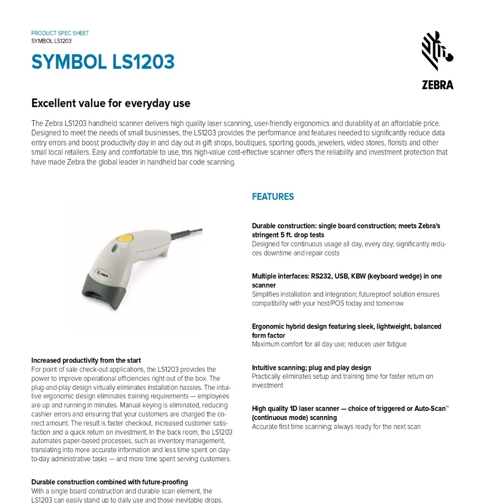 Zebra / Motorola Symbol LS1203 Scanner 1D Corded w/ Stand | PH