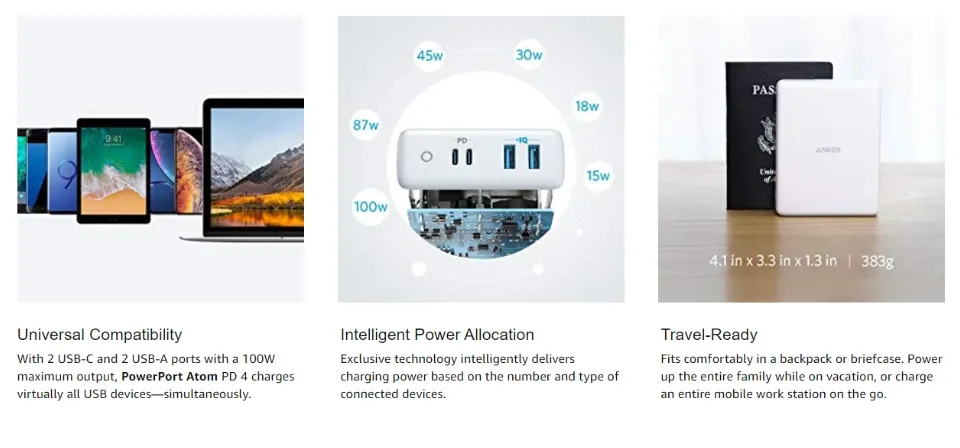 محطة شحن Anker-4-Port Type-C، توصيل الطاقة، PowerPort Atom، PD 4 لهاتف iPhone MacBook Pro، 100 وات