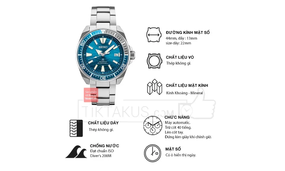 Đồng hồ nam Automatic Seiko Samurai Special Edition SRPD23 size 44mm dây  thép vỏ thép không gỉ chống nước 200m trữ cót 40 tiếng 