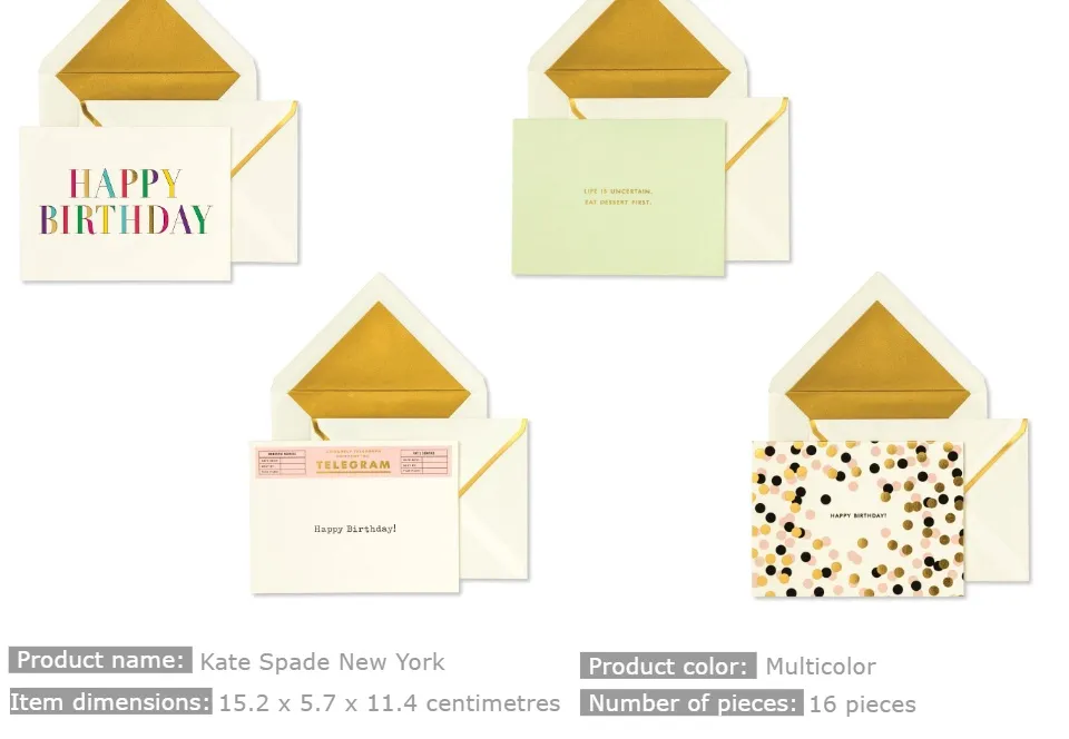 Kate Spade Stationery Assorted Design Birthday Card Set of 16 with  Envelopes | Lazada