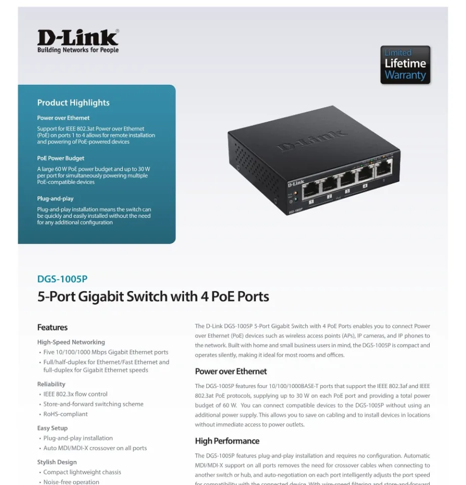 Switch D-Link 5 Ports 10/100/1000Mbps DGS-1005P (4 POE)