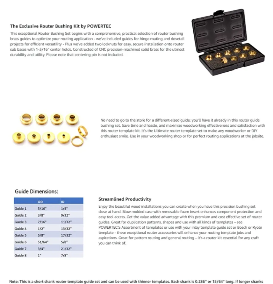 Powertec 71221 11-Piece Brass Router Guide Bushing Set