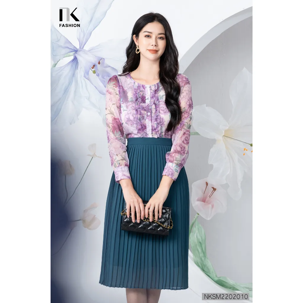 Áo Kiểu Nữ Dài Tay NK Fashion NKSM2202010 Họa Tiết Hoa Thanh Lịch, Thiết Kế Bèo Dọc Cổ, Vải Voan Hàn Cao Cấp