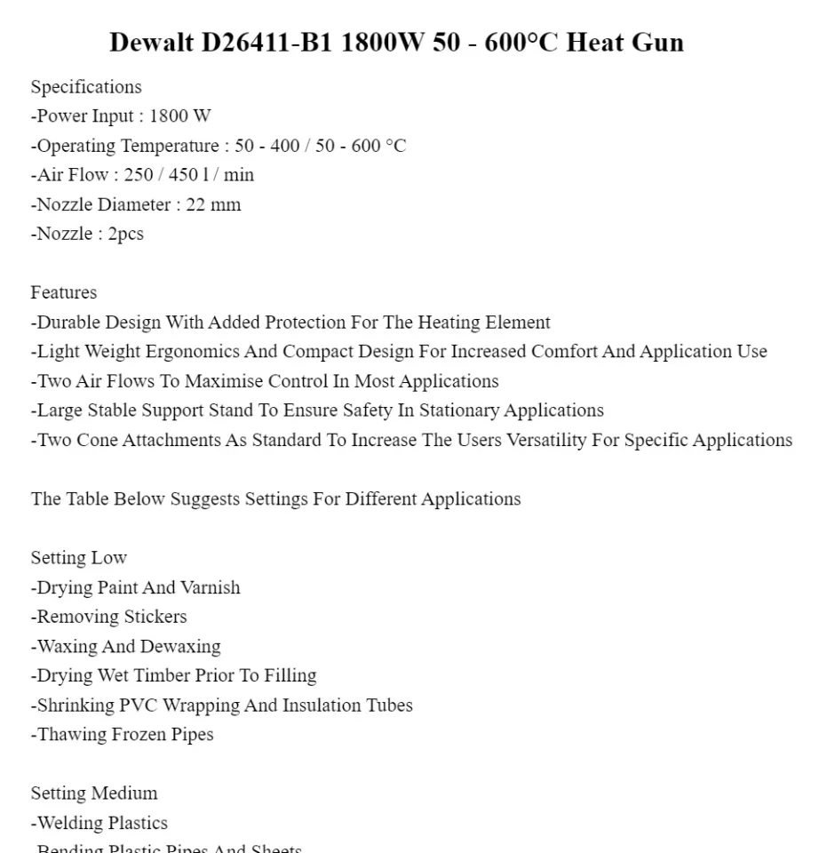 Dewalt D26411-B1 1800W 50 - 600°C Heat Gun Analog Heatgun