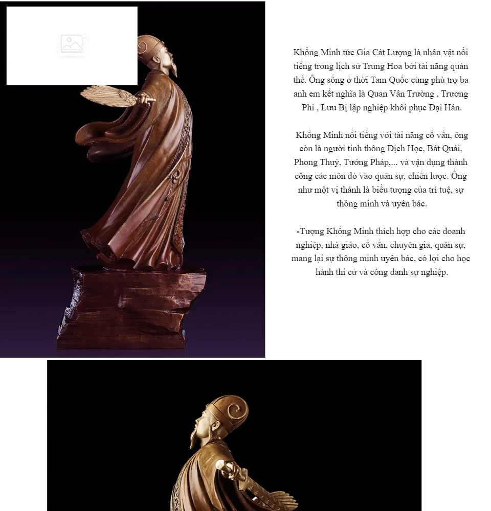 Tượng Khổng Minh (Gia Cát Lượng) - Chất liệu bằng đồng thau nặng 700g cao 18cm -Biểu tượng trí tuệ sự thông minh và uyên bác