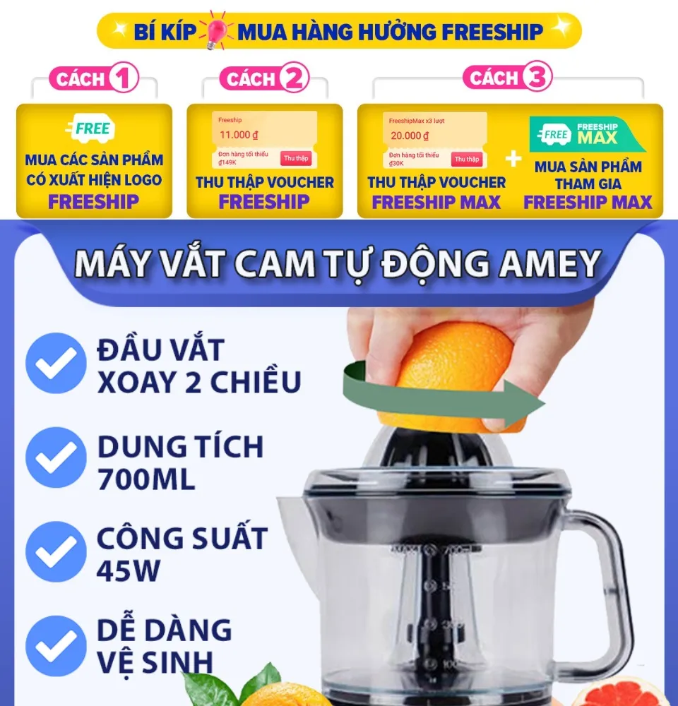 MẪU MỚI 2024] Máy vắt cam tự động Amey dùng điện, máy ép cam đầu xoay