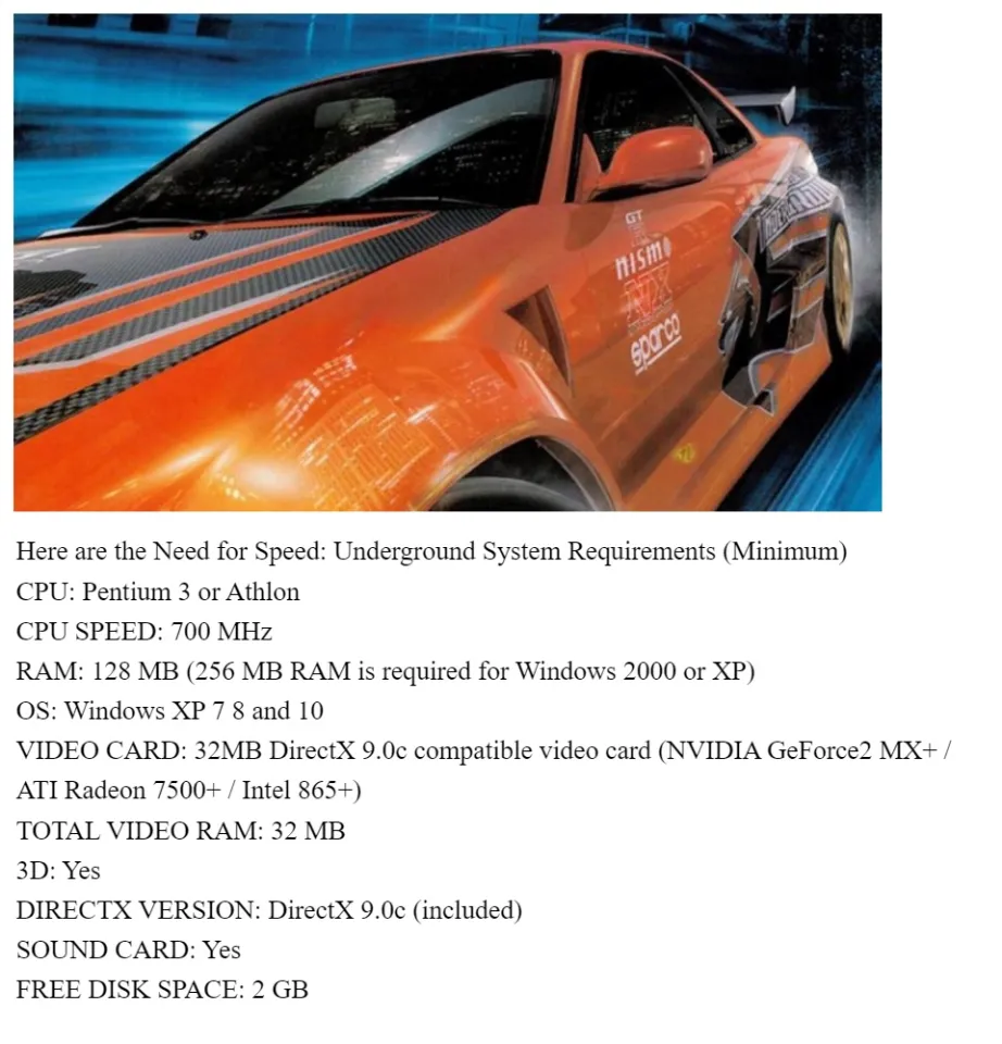 Need For Speed Underground System Requirements