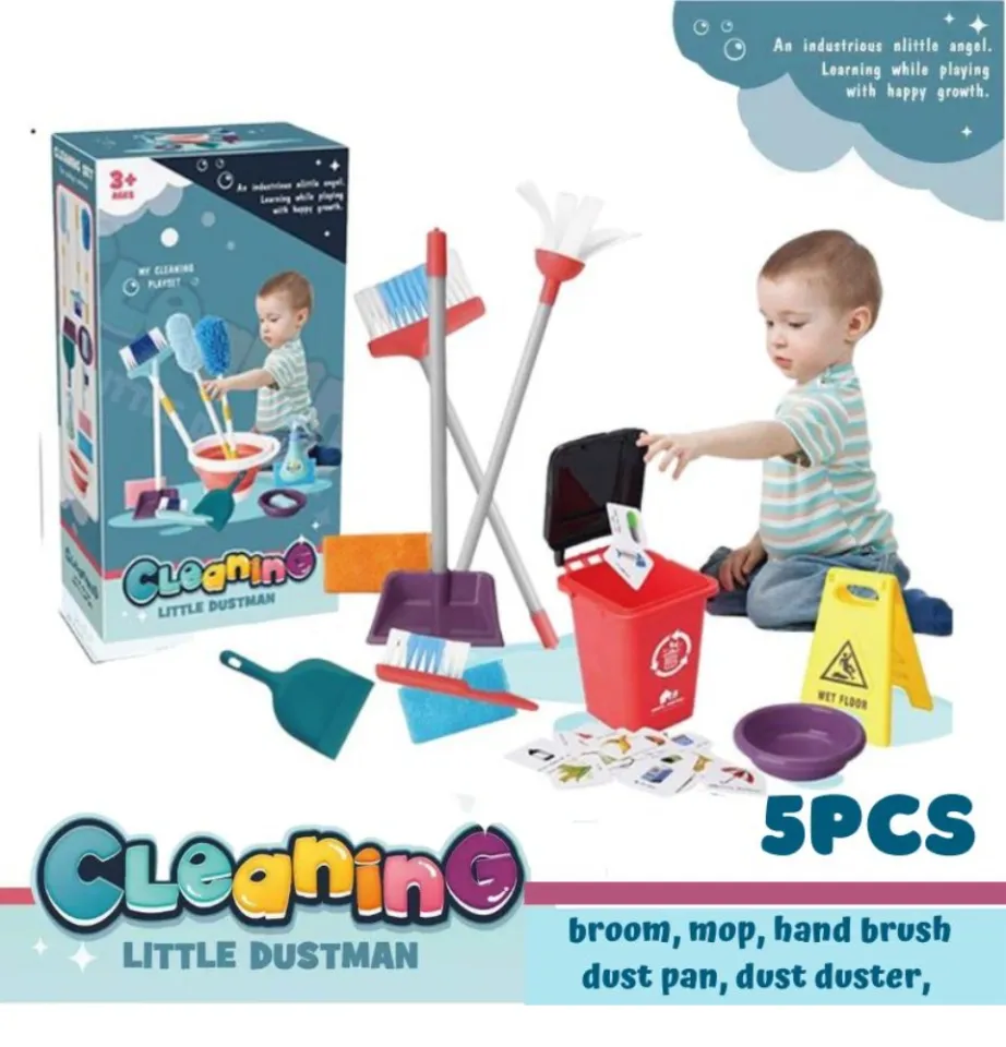 Playkidz Cleaning Role Set, 6pcs, Includes Mop, Brush, Broom, Dustpan, and Organizer Stand, Play Helper Realistic Housekeeping Set, Recommended for