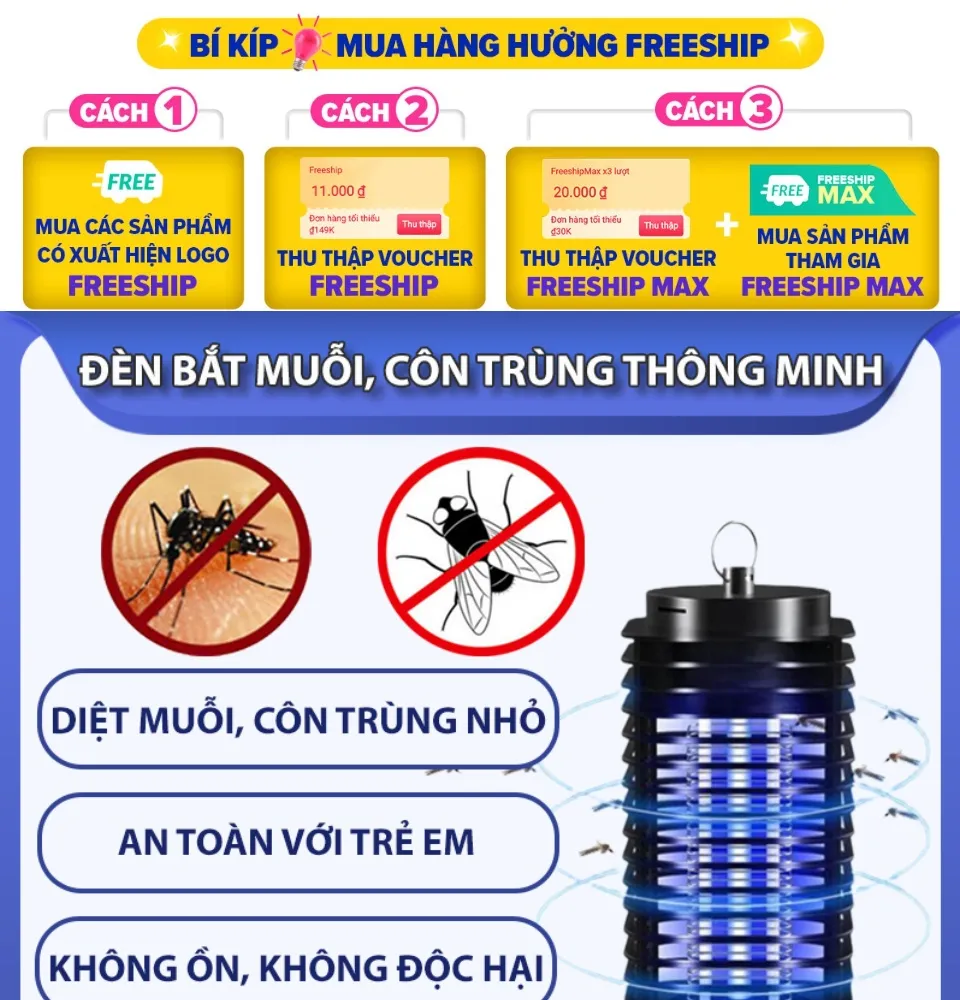 Đèn bắt muỗi thông minh hình tháp 3D, máy bắt muỗi diệt côn trùng ...