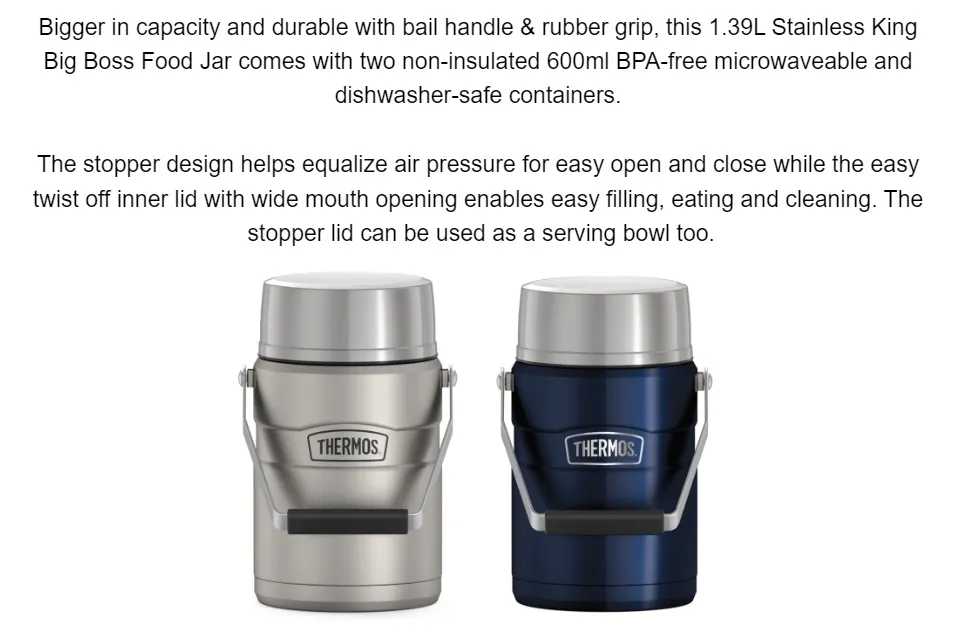 Thermos SK3030MSTRI4 Big Boss Stainless King Vacuum Insulated Food Jar With  Inner Container, 47 Ounce Capacity, 5.3 in L: Insulated Bottles, Carafes,  Jugs & Accessories (041205726234-2)