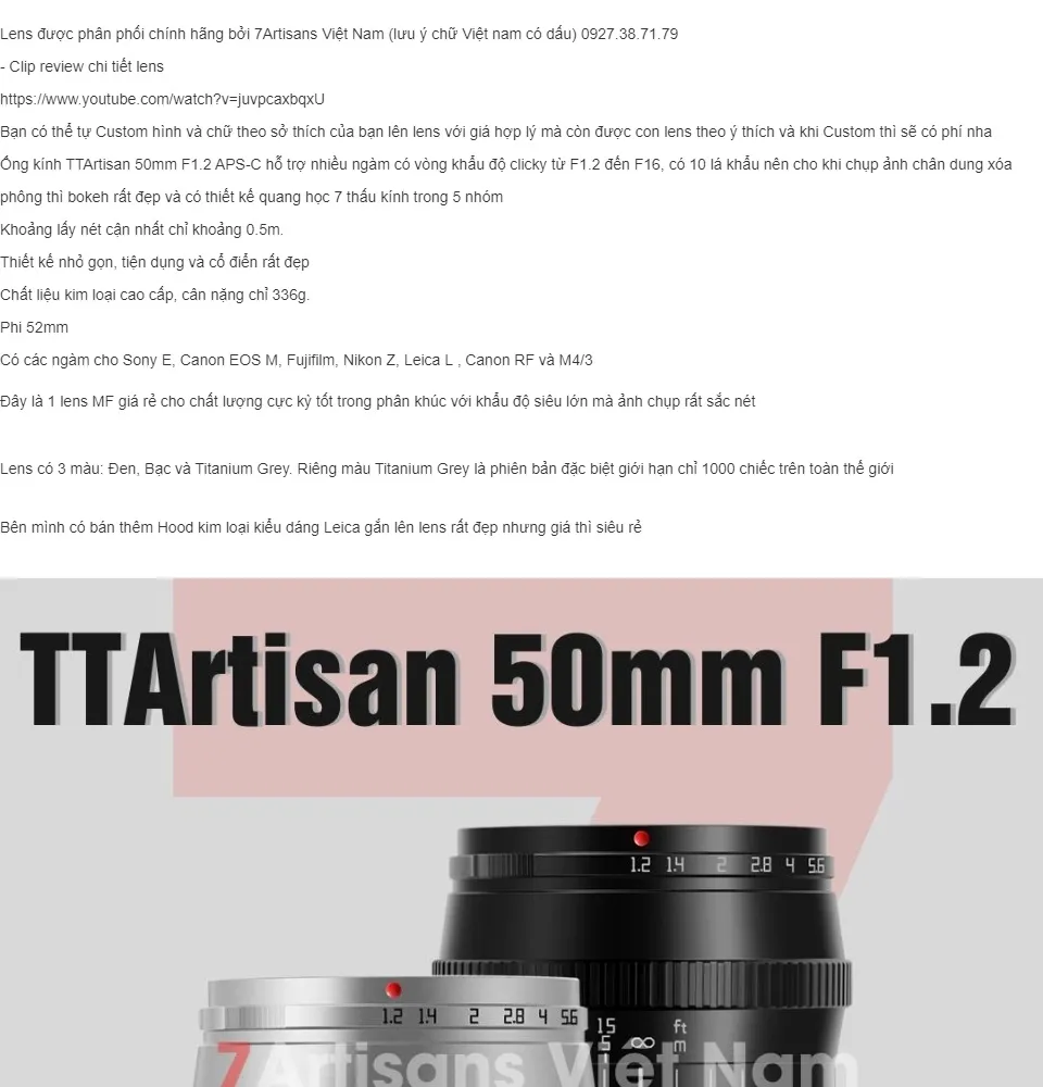 Trả góp 0%]Ống kính TTArtisan 50mm F1.2 chân dung xóa phông có các ...