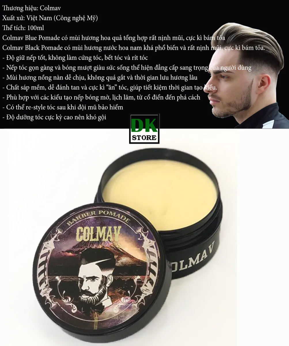 Sáp vuốt tóc colmav barber pomade được ưa chuộng bởi sự đa dạng trong kiểu tóc mà nó có thể tạo nên. Từ kiểu tóc slick back đến quiff, sản phẩm này giúp bạn tạo nên kiểu tóc ấn tượng và đẹp mắt. Cùng xem hình ảnh để hiểu rõ hơn về sản phẩm này nhé!