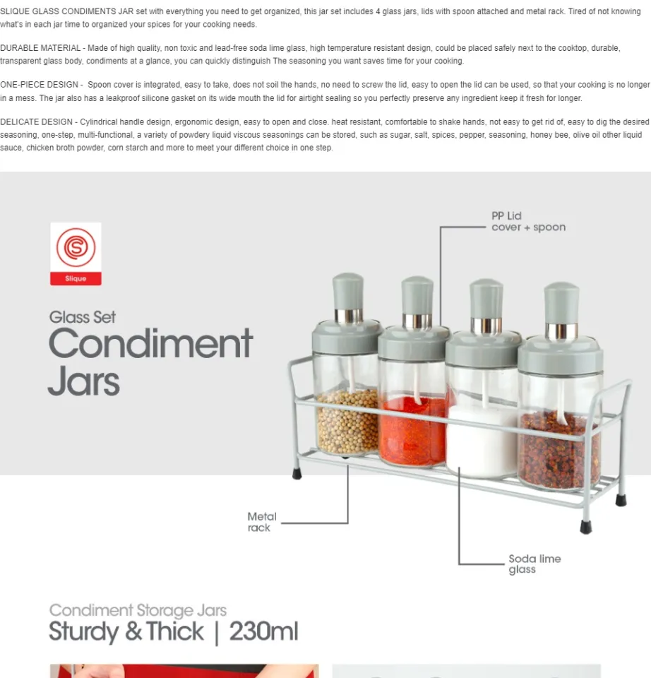 SLIQUE Premium Glass Condiments Container Set of 5 with Spoon