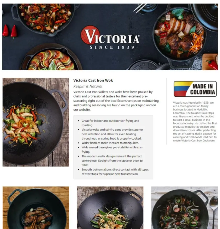 Victoria 14-Inch Cast Iron Wok with Loop Handles, Seasoned with Flaxseed  Oil, Made in Colombia 