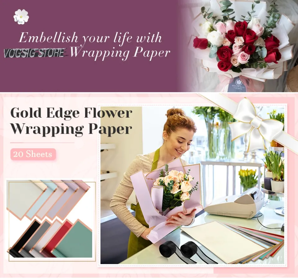 20 Sheets Pure Color Gold Edge Flower Wrapping Paper Waterproof