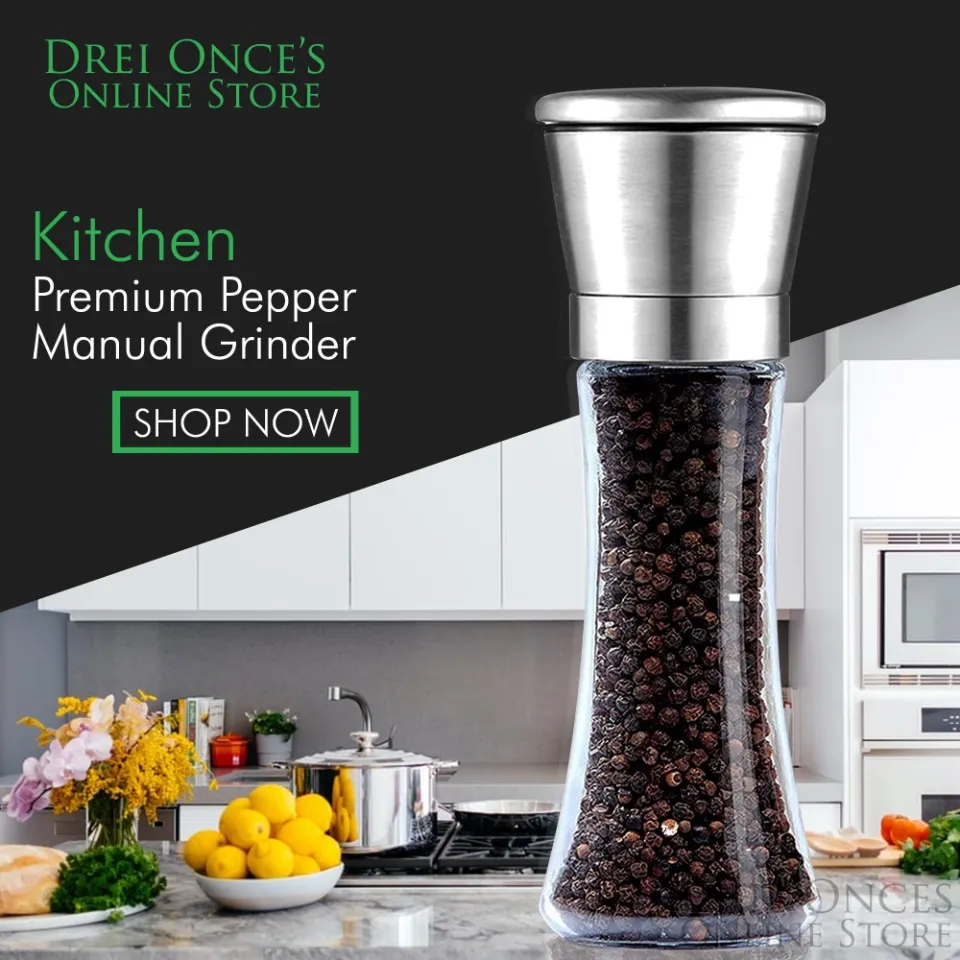 Pepper Grinder or Salt Grinder, Best Spice Mill with Ceramic Blades,  Adjustable Coarseness, Brushed Stainless Steel Cap, and Refillable Tall  Glass