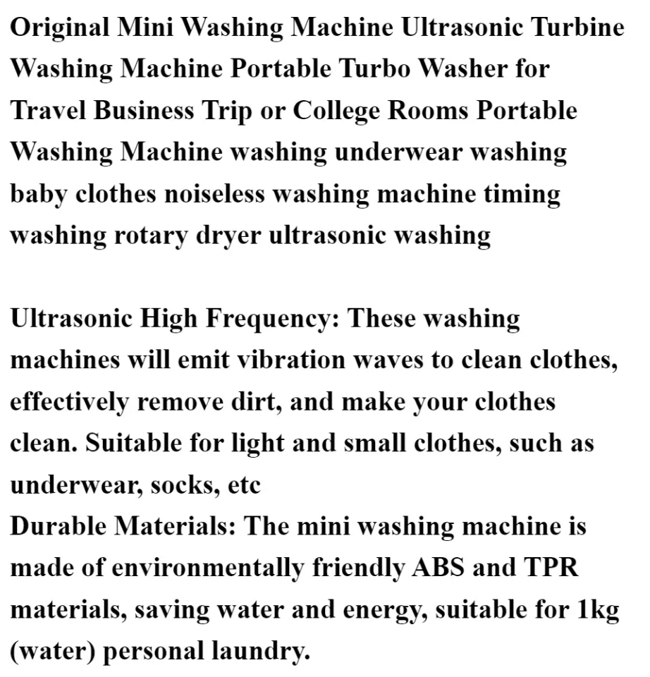 Mini Washing Machine Ultrasonic Turbine Washing Machine Portable Turbo Washer for Travel Business Trip or College Rooms