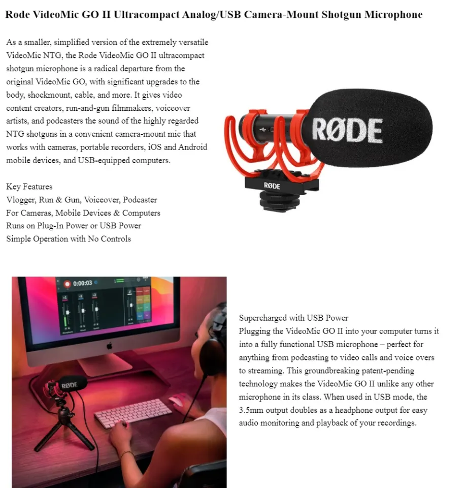 Rode VideoMic GO II 2 Ultracompact Analog/USB Camera-Mount Shotgun