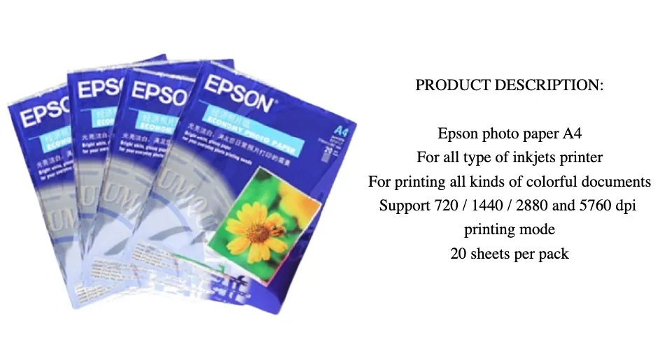 EPSON GLOSSY PHOTO PAPER A4 SIZE 5 PACKS (5x 20 SHEETS/PACK