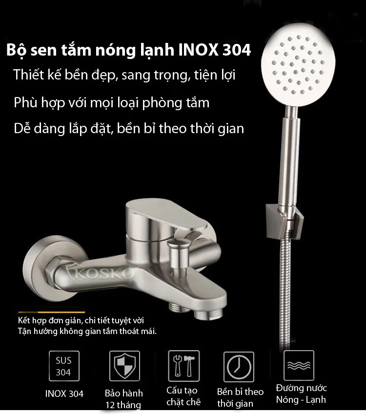 Vòi sen tắm nóng lạnh inox 304 đã bao gồm tay sen và các phụ kiện