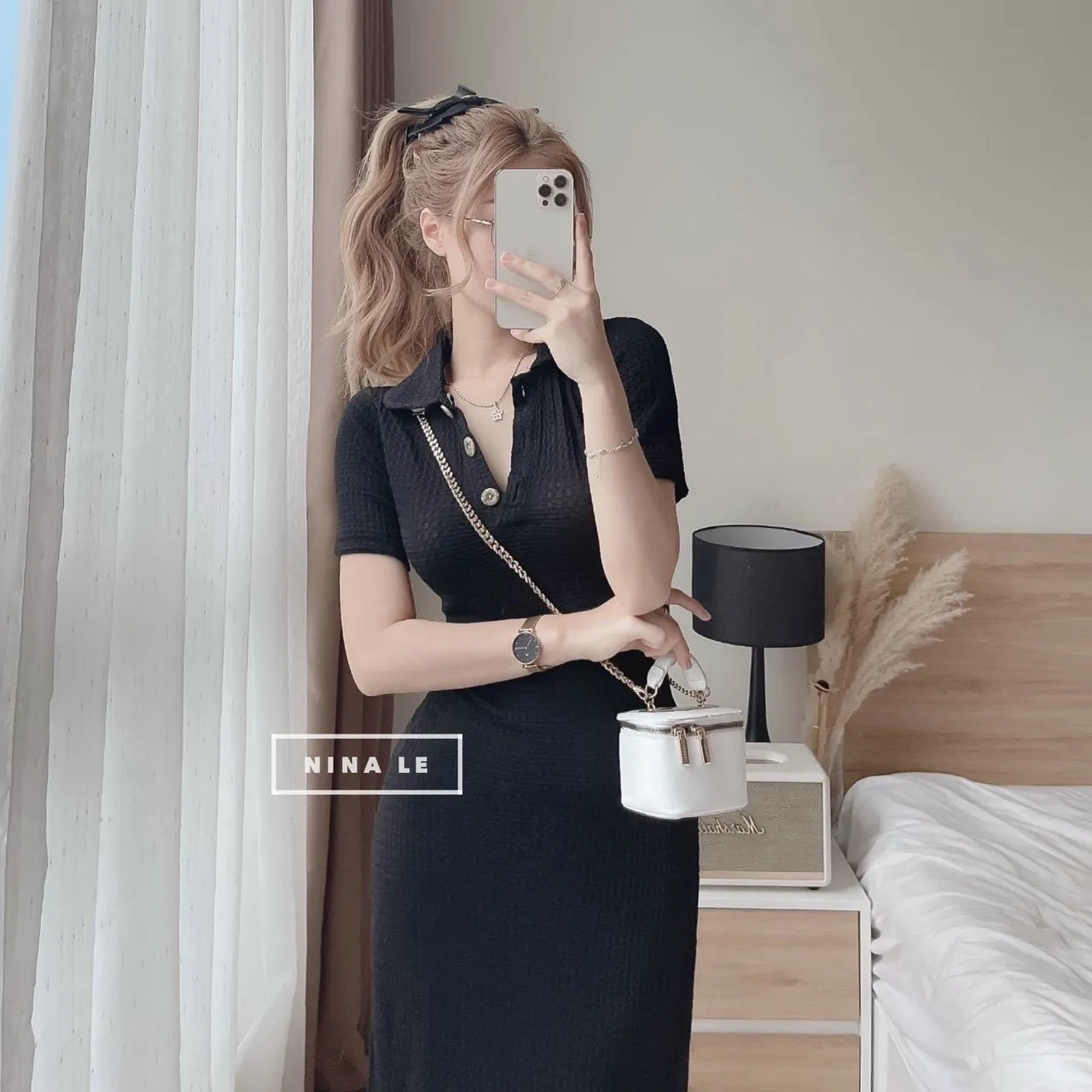 Váy đầm nữ body tay ngắn cổ sơmi có nút chất thun kim cương dễ thương, quí phái