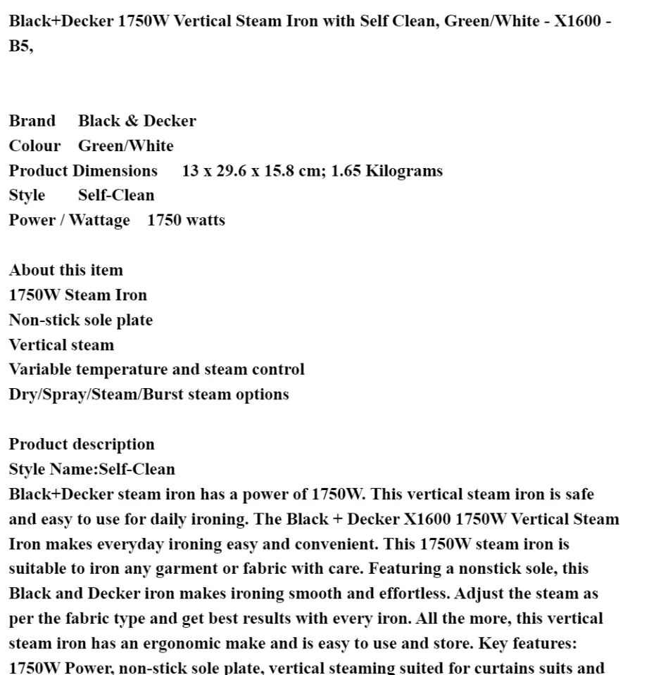 BLACK+DECKER STEAM IRON BLACK+DECKER STEAM IRON X1600