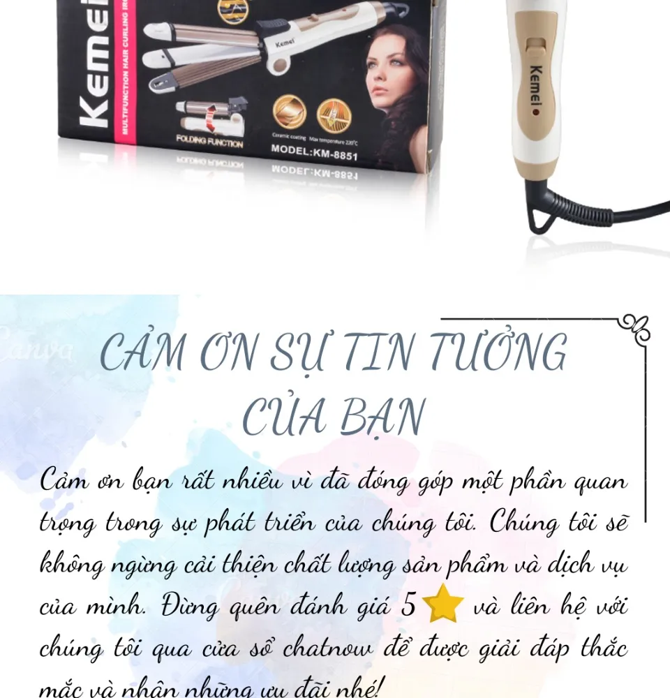 Máy làm tóc 3in1 Kemei 8851 là sản phẩm được đánh giá cao về tính tiện ích và hiệu suất làm việc. Với thiết kế thông minh, máy có thể thực hiện nhiều chức năng khác nhau như uốn, duỗi và làm tóc xoăn nhanh chóng và tiện lợi. Hãy xem hình ảnh liên quan để tìm hiểu thêm về sản phẩm này và sẵn sàng để trở thành chuyên gia tạo kiểu tóc của chính mình!