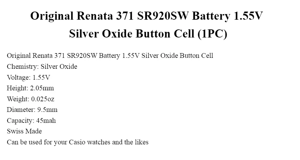 Renata 371 Battery (SR920SW) Silver Oxide 1.55V (1PC)