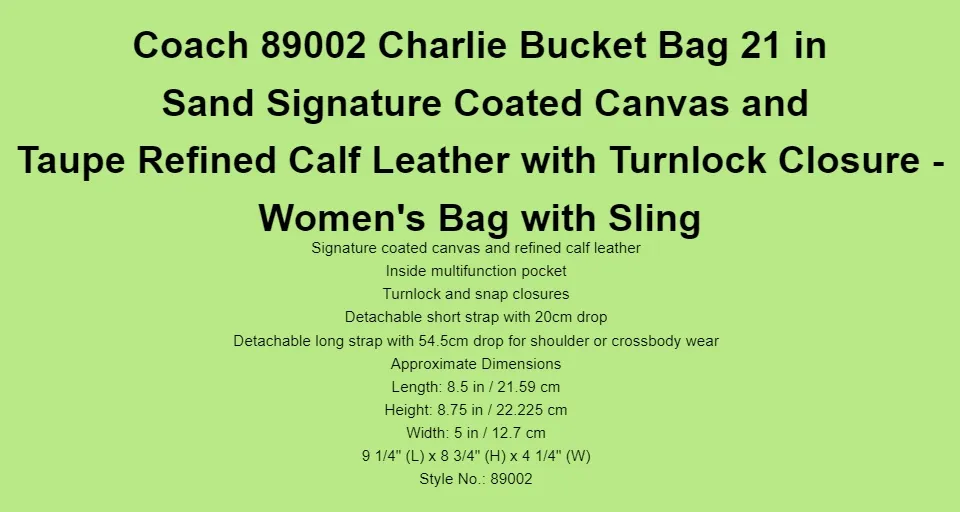 New Coach 89003 Coated Canvas Signature Charlie Bucket Sand /Taupe Bag