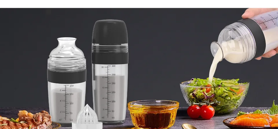 2 in 1 Salad Dressing Shaker Container with Citrus Juicer, Dripless Pour,  Leak-free, Soft Grip, Dishwasher Safe, BPA Free, Homemade Salad Dressing