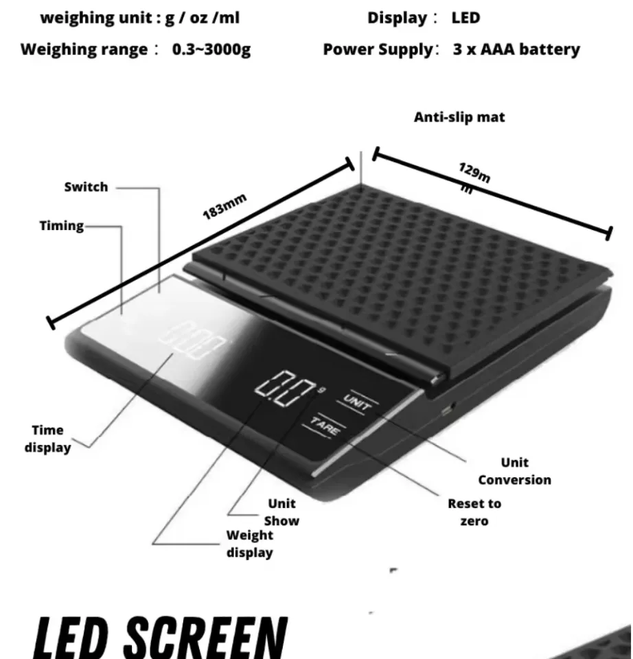 Ready Stock Digital Barista Coffee Scale with Timer 0.1/3kg LCD