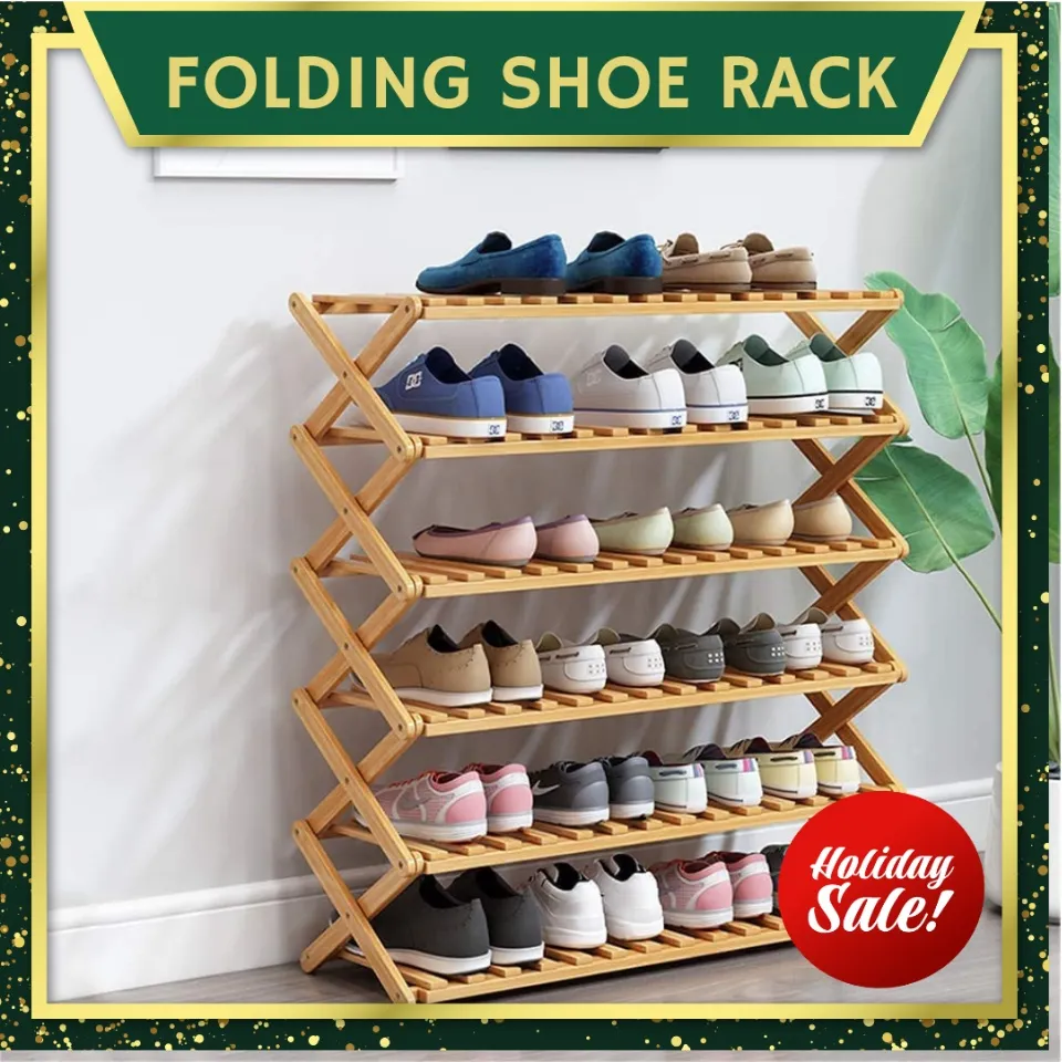 Bamboo Foldable Shoe Rack, Free Standing Shoe Organizer Storage Rack 