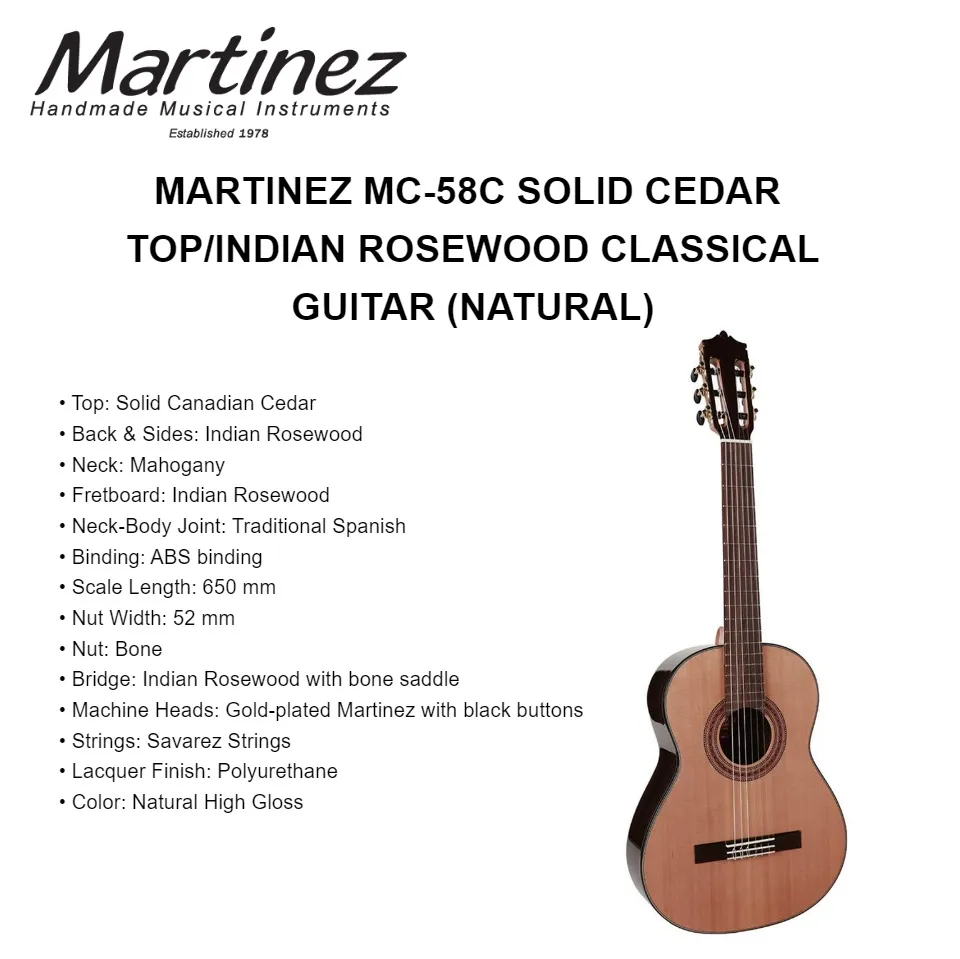 Martinez MC-58C Solid Cedar Top/Indian Rosewood Classical Guitar